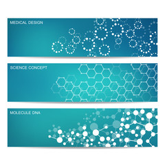 Set of modern scientific banners. Molecule structure DNA and neurons. Abstract background. Medicine, science, technology. Vector illustration for your design.