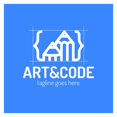 Two pencil with coding symbol. Arrow up pen design studio.