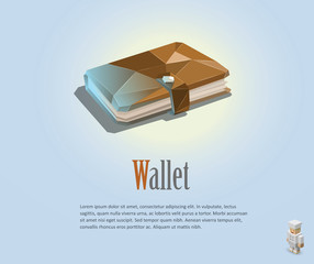 Vector polygonal illustration of brown wallet, purse with money object, isometric man character, vector isolated icon
