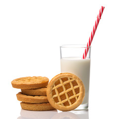 Cookies with jam and glass of milk isolated on white background