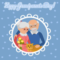 Happy senior man woman family with cat. Greeting card for grandparents day.