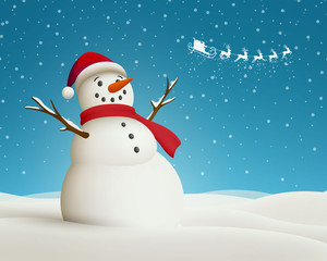 Vector Illustration of a Christmas Landscape with Snowman