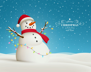 Vector Illustration of a Christmas Greeting Card with Snowman - 119809821