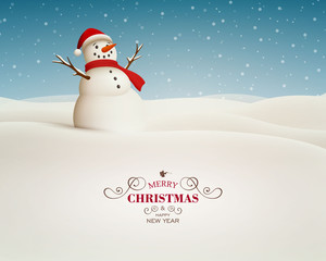 Vector Illustration of a Christmas Landscape with Snowman