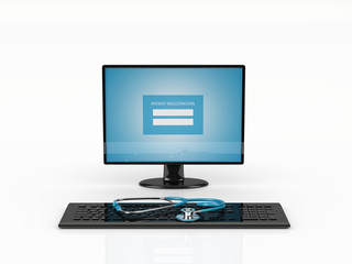 Fototapeta premium 3d rendering of computer display, keyboard and stethoscope isola