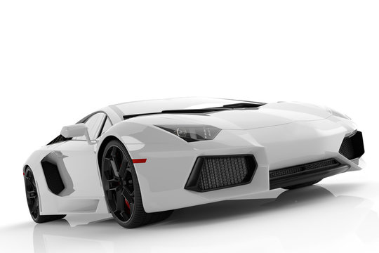 White Metallic Fast Sports Car On White Background Studio. Shiny