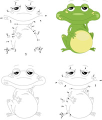 Cartoon green frog. Coloring book and dot to dot game for kids
