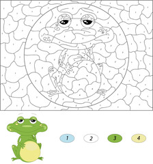 Cartoon green frog. Color by number educational game for kids