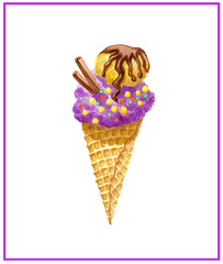 Watercolor hand drawn ice cream in waffle cone, isolated illustration