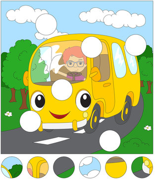 Cartoon yellow bus in the forest road. Complete the puzzle and f