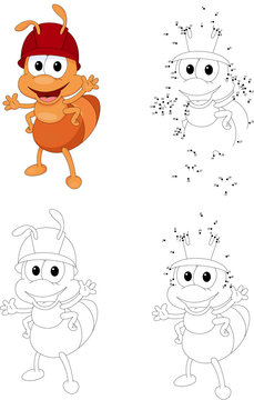 Cartoon ant worker. Coloring book and dot to dot game for kids