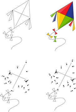 Cartoon colorful kite. Coloring book and dot to dot game for kid