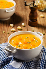 soup, cream of pumpkin served with roasted seeds and croutons.