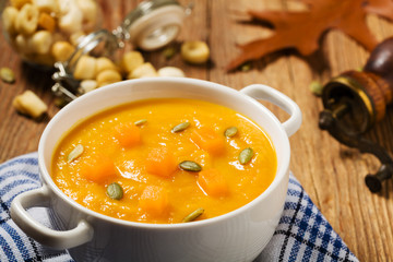 soup, cream of pumpkin served with roasted seeds and croutons.