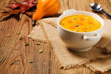 soup, cream of pumpkin served with roasted seeds and croutons.