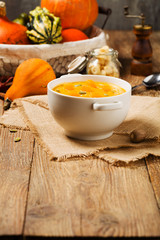 soup, cream of pumpkin served with roasted seeds and croutons.