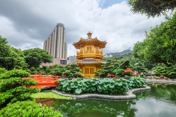 The golden pagoda and beautiful garden at Nan Lian public park Hong Kong.