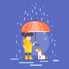 Vector illustration of smiling girl in a yellow raincoat