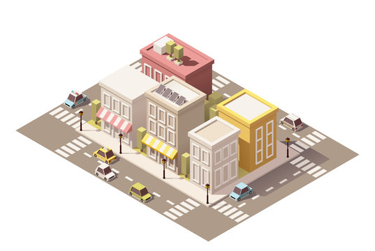 Vector isometric low poly town street with buildings