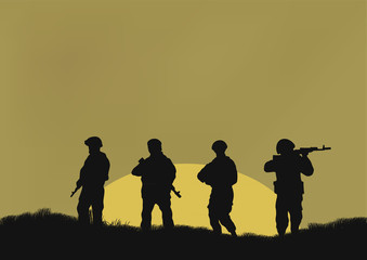 Fototapeta na wymiar Four soldiers on a background a sun