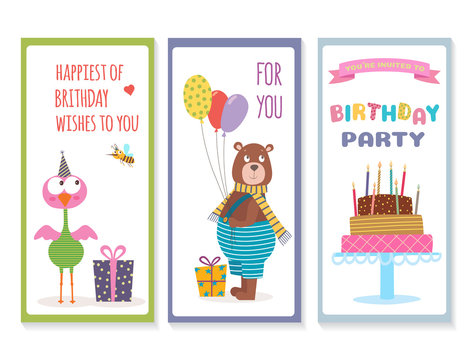 Set of birthday greeting cards with cute animals