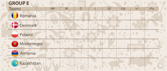 Football world cup 2018 groups. Group E. vector group toss table with chrome rings of participant countries flags buttons. Ornament elements background. Competition table for print, typography, web