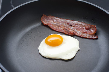 Fried egg and bacon in a pan