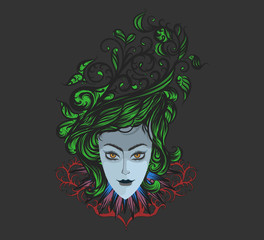Tribal woman hand drawing vector theme t-shirt on a gray background