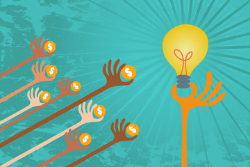 Crowdfunding cocept. Many hands give their fund to support good idea.