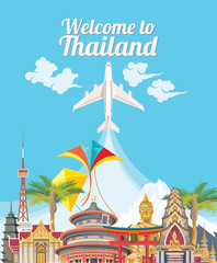 Naklejka premium Welcome to Thailand. Travel Thailand landmarks. Thai vector icons. Vacations poster with thai ethnic elements