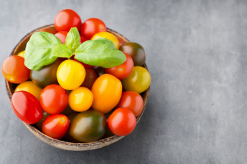 Tomatoes on the gray background. Colorful tomatoes, red tomatoes