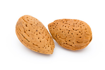Group of almond nuts. Isolated on a white background.