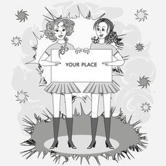 Two beautiful girls with blank sign for text. It can be used for