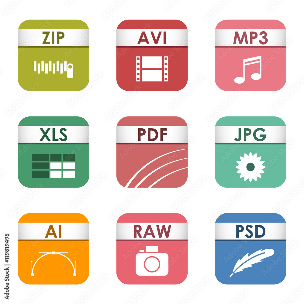 Fototapete simple vector square file types and formats labels icon set. file type format icons presentation doc