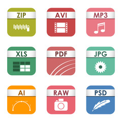 Simple vector square file types and formats labels icon set. File type format icons presentation document symbol. Audio extension file type icons graphic multimedia sign application software folder.