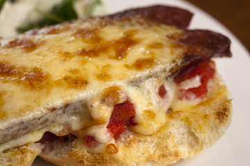Grilled chorizo sausage with melted cheese