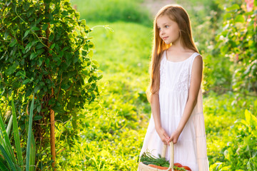Naklejka na ściany i meble Cute smiling little girl holds basket with fruit and vegetables