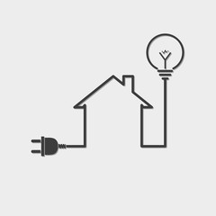 Black house with wire plug and light bulb - vector illustration