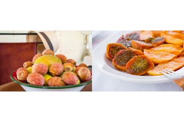 Photo collage of mango and prickly pear cactus fruits salad.