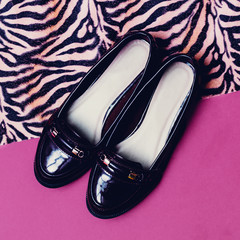 Autumn Arrives. Stylish Varnish Moccasins for Lady. Minimal fash
