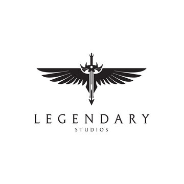 Legendary logo. Angel sword logotype. Sword with a wings. 