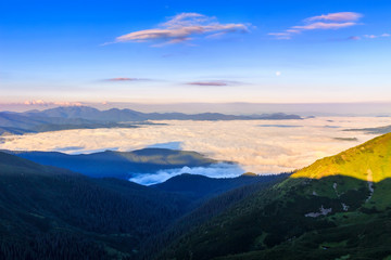 Picturesque sunrise morning in mountains above clouds, Carpathians, Ukraine.
