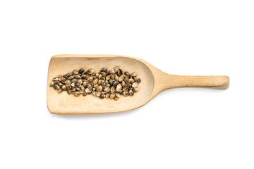 Some hemp seeds on a wooden spoon with white background