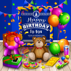 Happy birthday greeting card. Pile of colorful wrapped gift boxes. Lots of presents and toys. Party balloons, teddy bear, cocktail, dog balloon, candies, stars, blower, playing ball and colorful frame