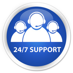 24/7 Support (customer care team icon) blue glossy round button