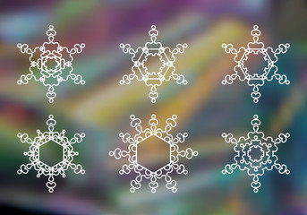 Set of 6 white line Hexagon icon on Rainbow abstract blur background, thin line star on laser beam gradient colorful, snowflake logo on shiny spectrum backdrop