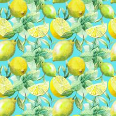 Fototapety  Ładny ręcznie wykonany wzór liści herbaty i cytrusów: cytryny, grejpfruta, pomarańczy, mięty, limonki. Akwarela.