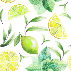 Nice handmade pattern of tea leafs and citrus fruits: lemon, grapefruit, orange, mint, lime. Watercolor. 