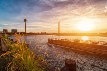 Foto op Plexiglas Düsseldorf Uferpromenade im Sonnenuntergang © Simon