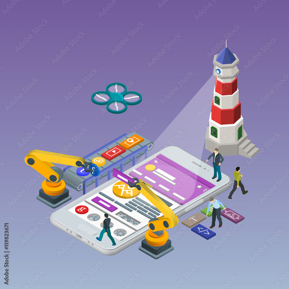Poster mobile app development, experienced team. flat 3d isometric white phone. manipulator robot robotized